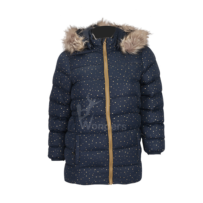 Kids Padded Puffer Dot Print Outdoor Insulated Jackets With Fake Fur Hood